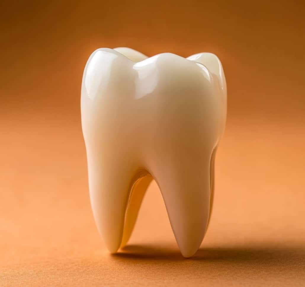 Um modelo de dente isolado em um fundo laranja, representando um dente molar.