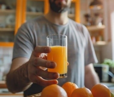 Um homem oferecendo um copo de suco de laranja, enfatizando a importância de uma dieta líquida nos primeiros dias após a extração do siso. 