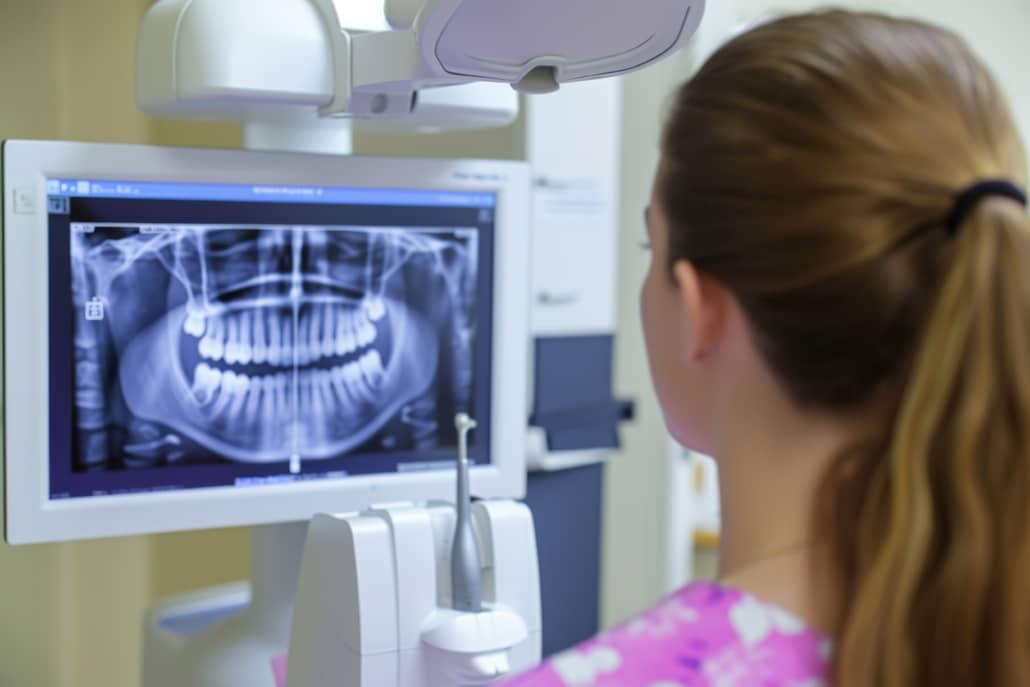 Uma profissional analisando uma radiografia panorâmica, onde todos os dentes, incluindo os sisos, podem ser visualizados.