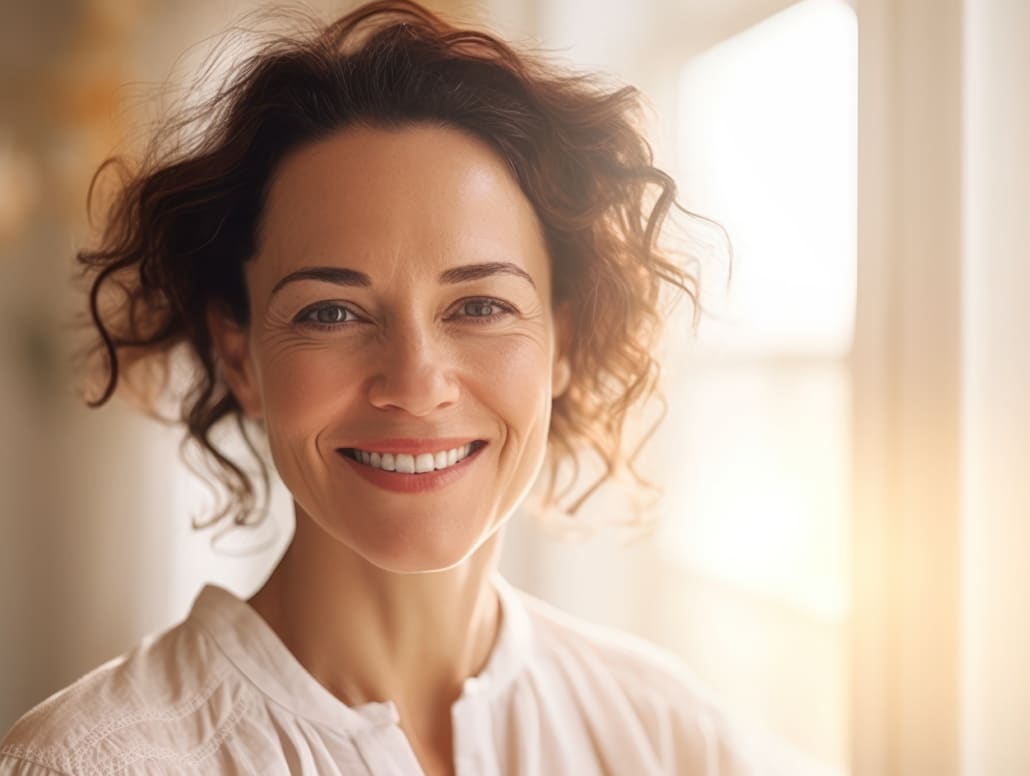 A imagem mostra uma mulher de meia-idade com uma expressão alegre e um sorriso caloroso. Ela tem cabelos castanhos ondulados e pele clara. A mulher está vestida com uma blusa branca e está em um ambiente interno iluminado por luz natural vinda de uma janela, o que dá à cena um tom suave e acolhedor. O foco principal da imagem é o seu rosto radiante e olhos expressivos, refletindo felicidade e confiança.