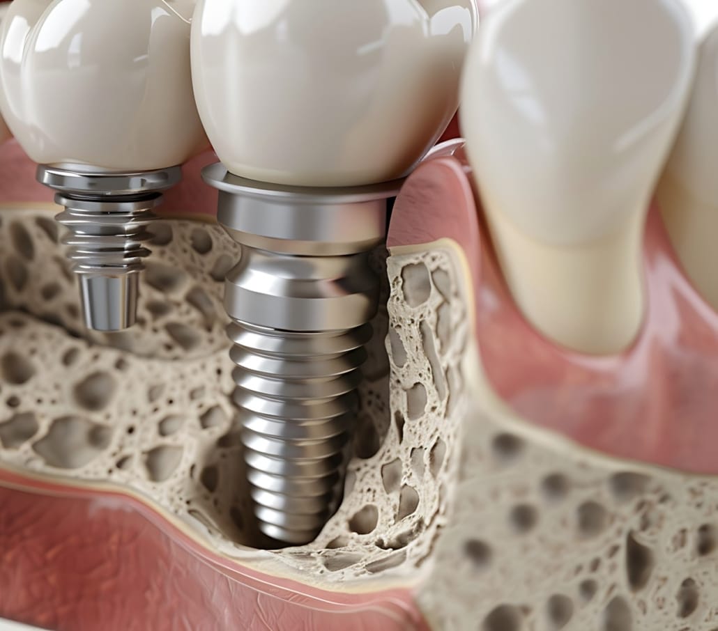 Uma visão em corte transversal da estrutura de um implante dentário inserido no osso maxilar, com destaque para a área onde foi realizado um enxerto ósseo para reforçar a estrutura óssea antes da colocação do implante. Este procedimento é fundamental para pacientes que sofreram perda dentária por muitos anos e, como resultado, tiveram reabsorção óssea. 